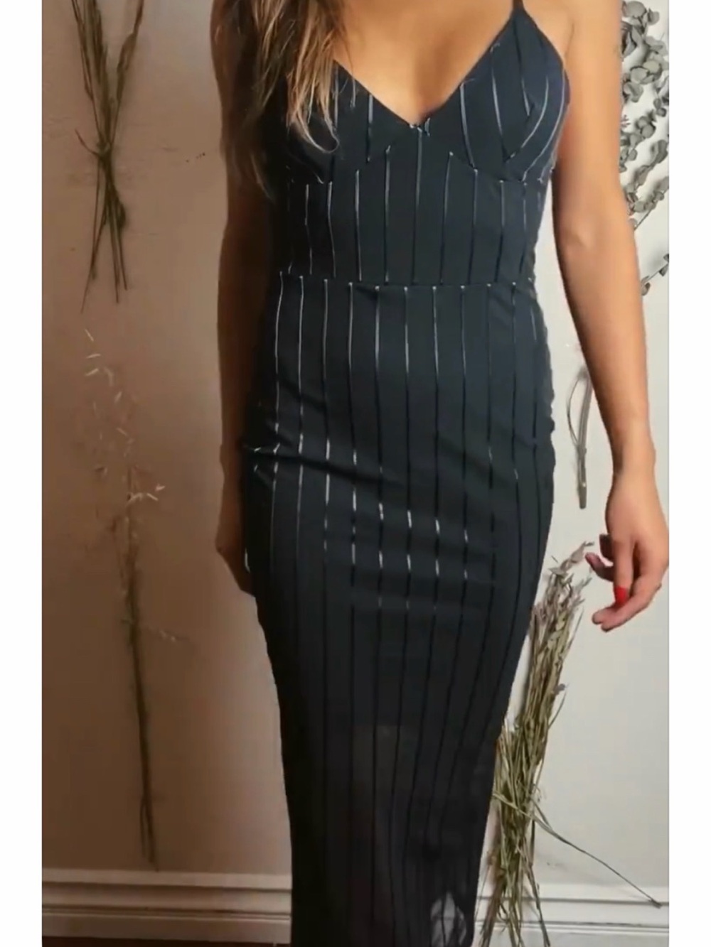 WinWin Black Pinstripe Maxi Slip Dress